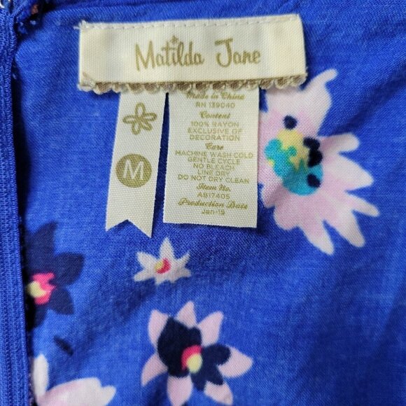 Matilda Jane Romper Size M Blue Floral Crochet Accent Drawstring Waist Pockets - Picture 8 of 10